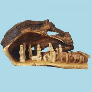 Grotto with sheep on the top. and complete nativity set