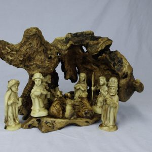 Grotto with olive tree, carved sheep, from the wood Roots. One of a kind with Nativity Figures. Size is 11.2-8.5 CM. T7