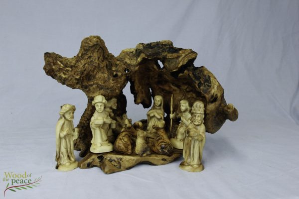Grotto with olive tree, carved sheep, from the wood Roots. One of a kind with Nativity Figures. Size is 11.2-8.5 CM. T7