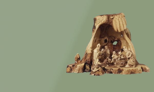 Hand Carved Olive Wood Nativity Scene With Grotto